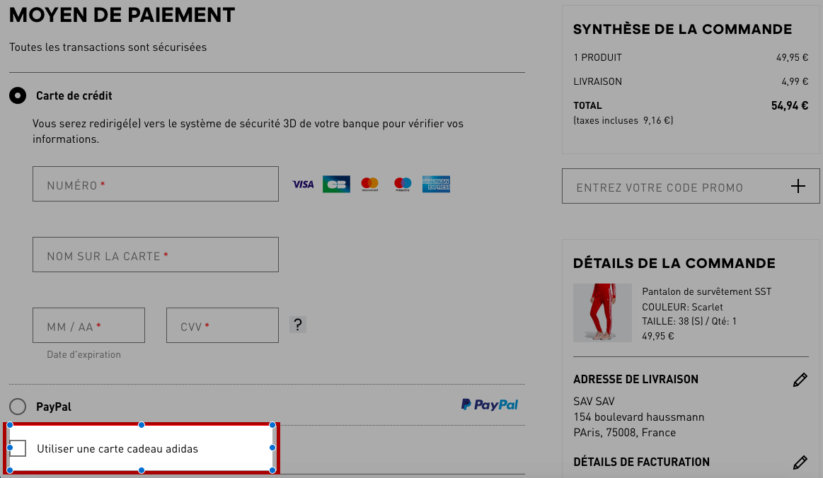 carte cadeau adidas code pin